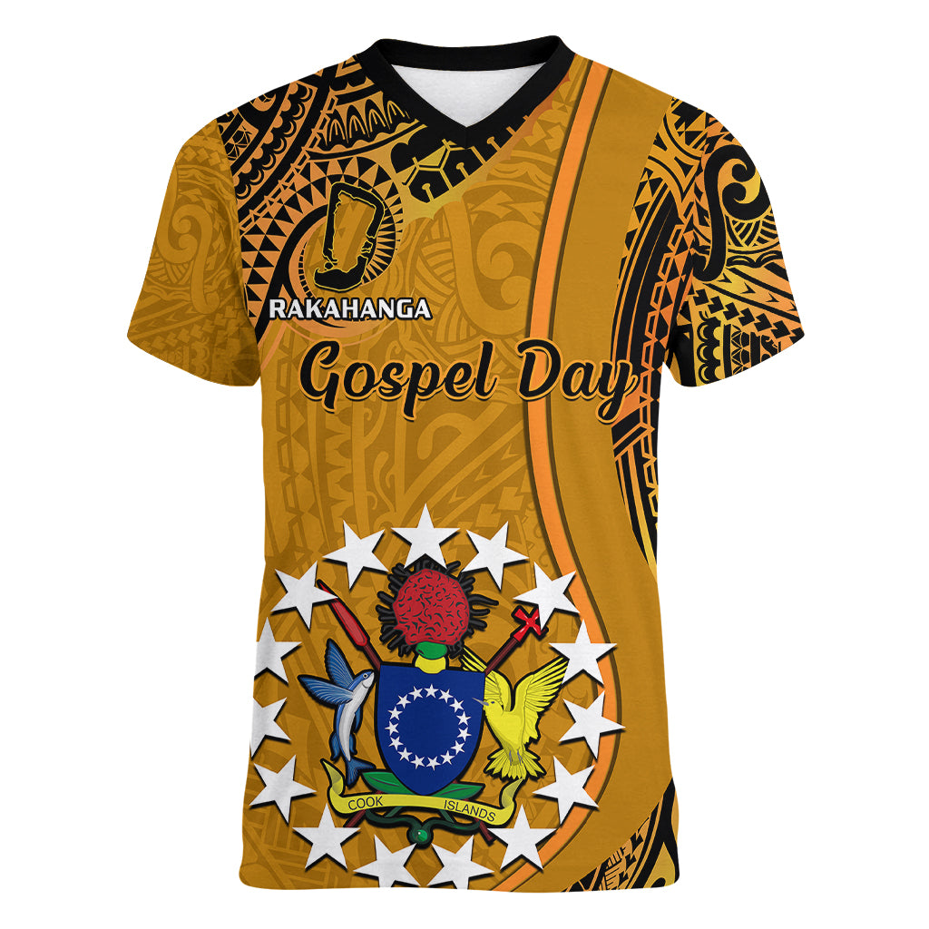 Personalised 15 August Rakahanga Island Gospel Day Women V Neck T Shirt Cook Islands Tribal Pattern LT14 Female Orange - Polynesian Pride