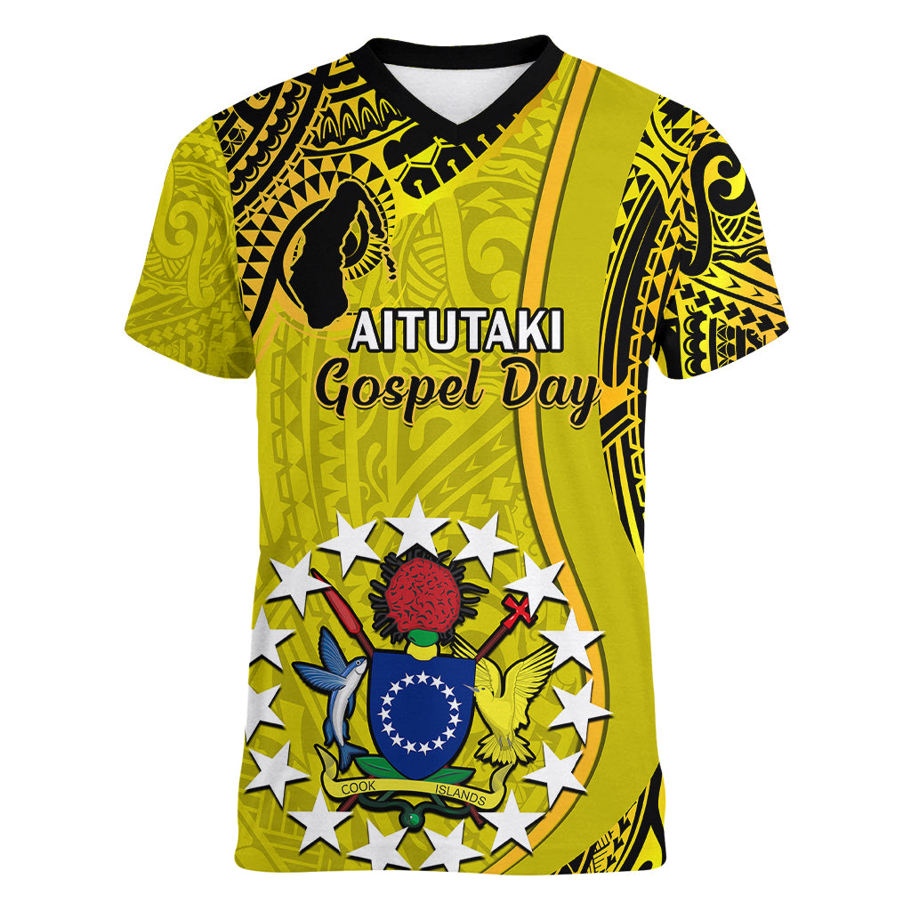 27 October Aitutaki Island Gospel Day Women V Neck T Shirt Cook Islands Tribal Pattern LT14 Female Gold - Polynesian Pride