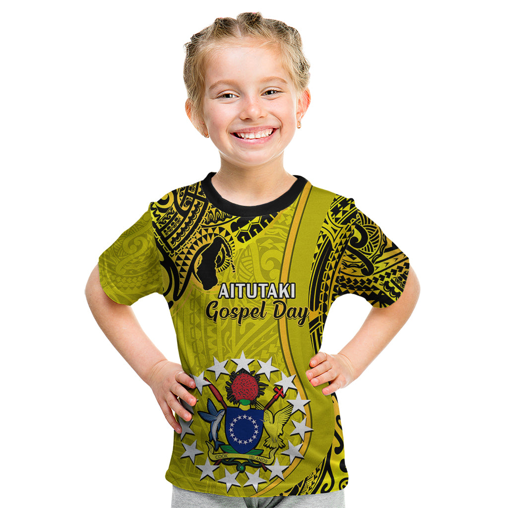 Personalised 27 October Aitutaki Island Gospel Day Kid T Shirt Cook Islands Tribal Pattern LT14 Gold - Polynesian Pride