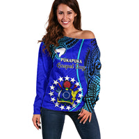 8 December Pukapuka Island Gospel Day Off Shoulder Sweater Cook Islands Tribal Pattern LT14 Women Blue - Polynesian Pride