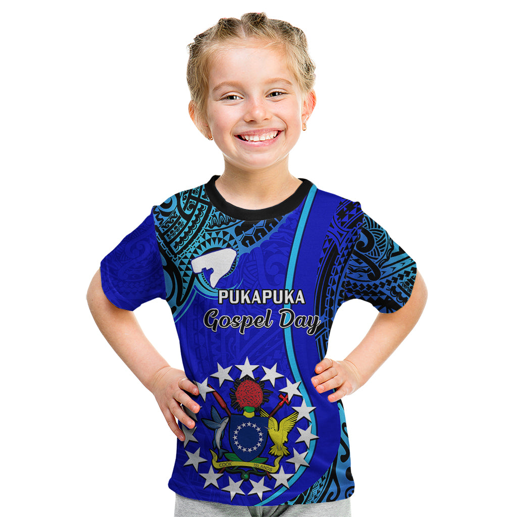 Personalised 8 December Pukapuka Island Gospel Day Kid T Shirt Cook Islands Tribal Pattern LT14 Blue - Polynesian Pride