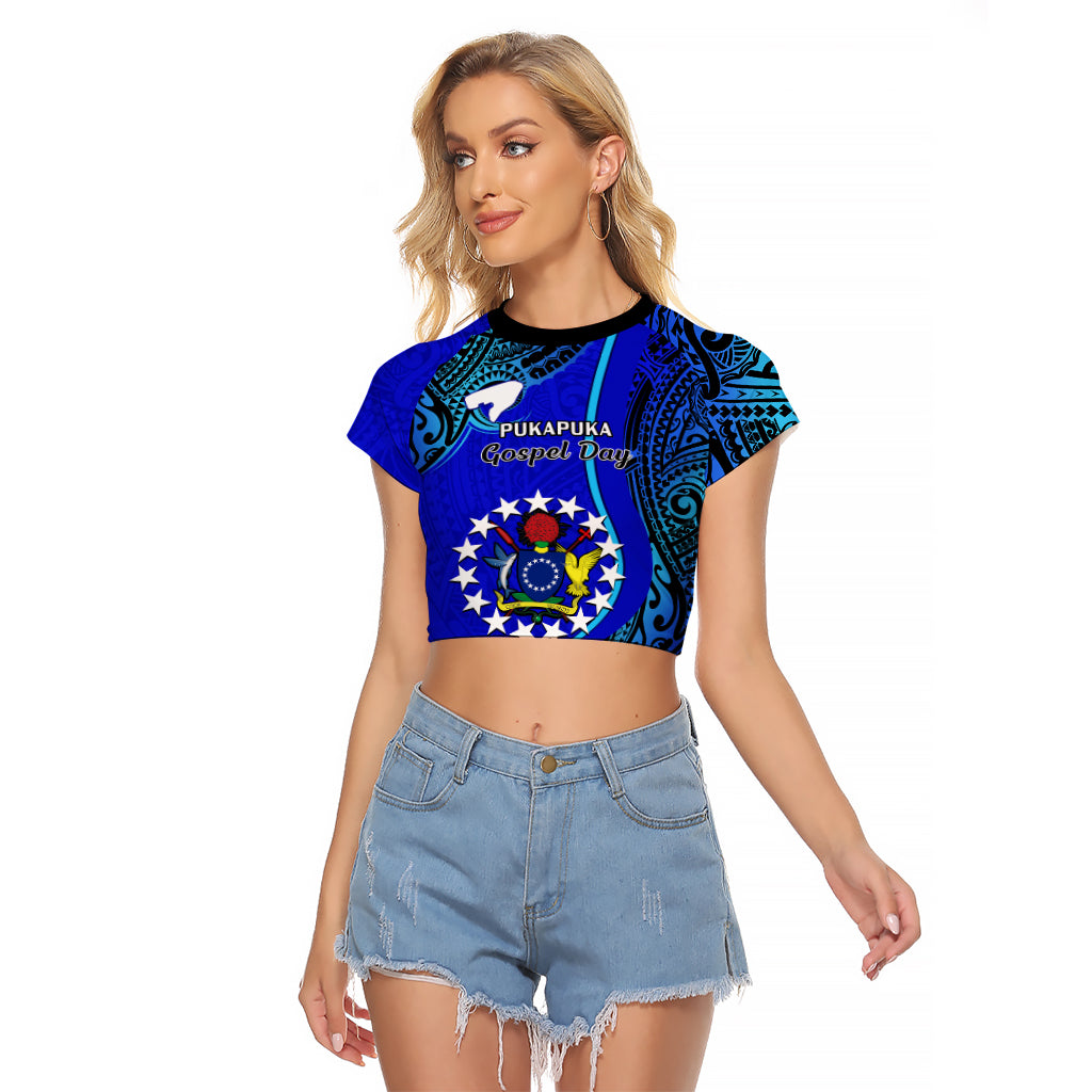 Personalised 8 December Pukapuka Island Gospel Day Raglan Cropped T Shirt Cook Islands Tribal Pattern LT14 Female Blue - Polynesian Pride