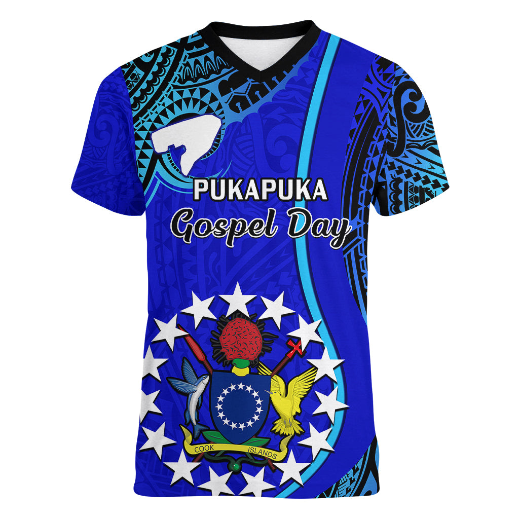 Personalised 8 December Pukapuka Island Gospel Day Women V Neck T Shirt Cook Islands Tribal Pattern LT14 Female Blue - Polynesian Pride