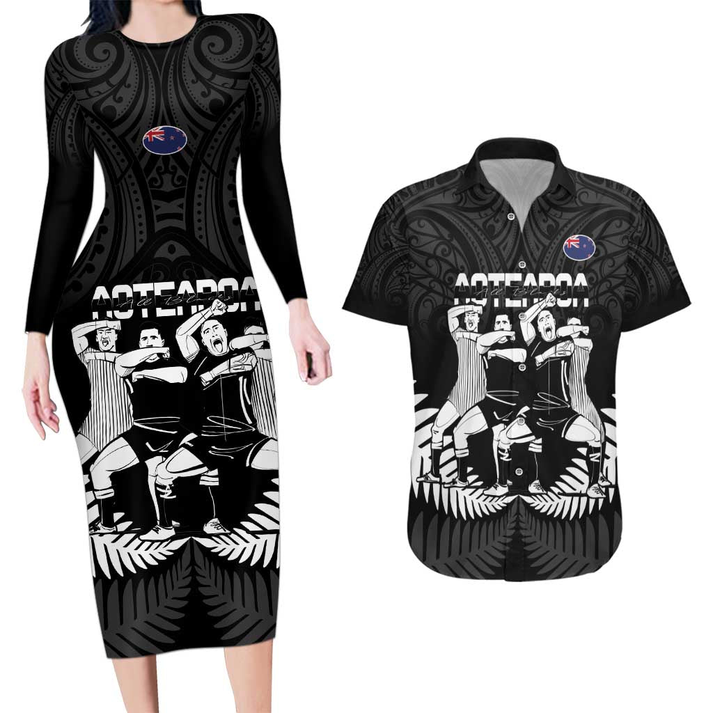 New Zealand Silver Fern Rugby Couples Matching Long Sleeve Bodycon Dress and Hawaiian Shirt Haka Dance With Aotearoa Maori Pattern