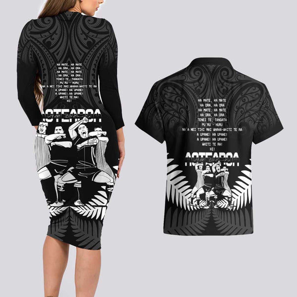 Personalised New Zealand Silver Fern Rugby Couples Matching Off Shoulder Maxi Dress and Long Sleeve Button Shirts Go All Black 2023 World Cup LT14 main image 1