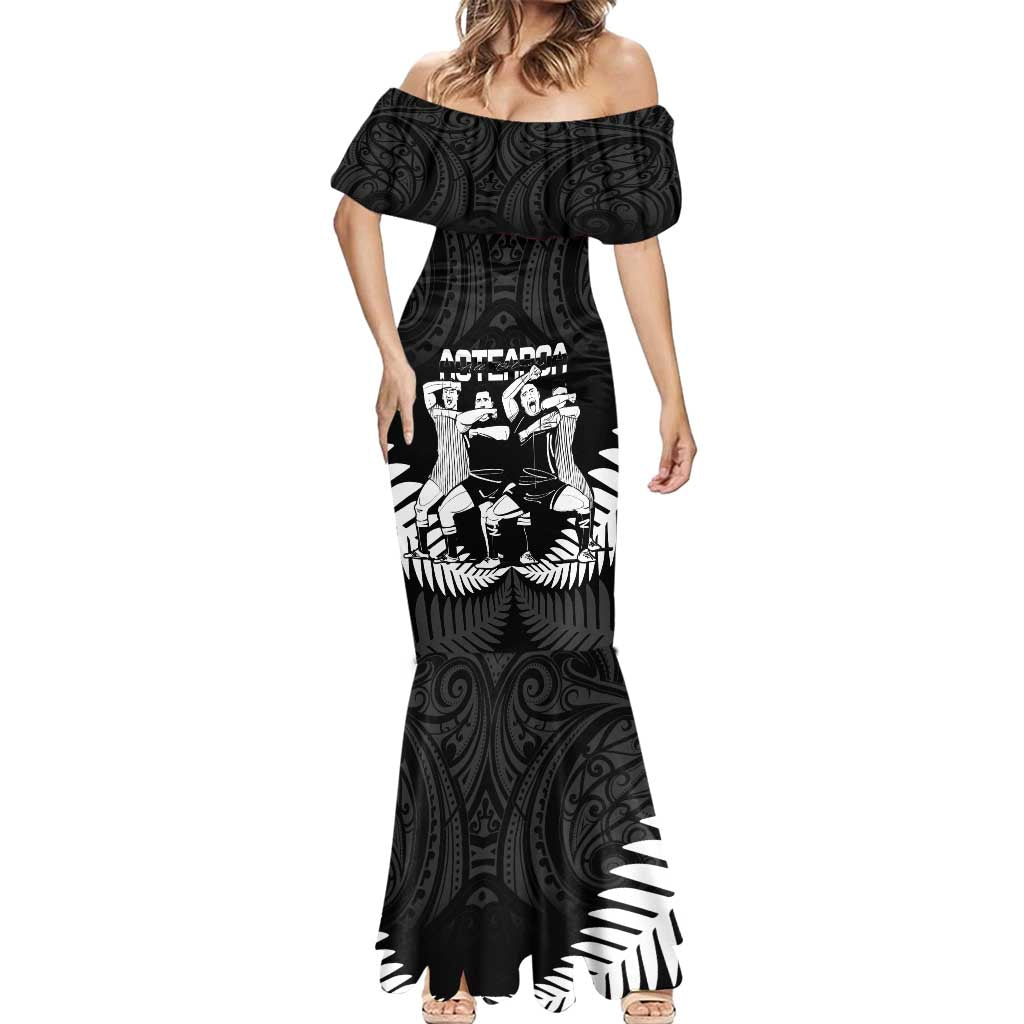 New Zealand Silver Fern Rugby Mermaid Dress Haka Dance With Aotearoa Maori Pattern