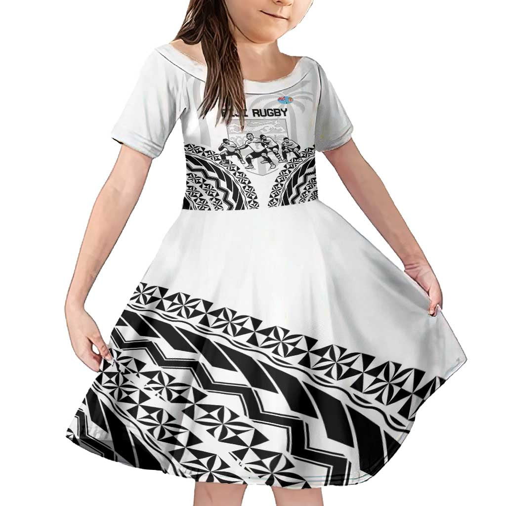 Fiji Tapa Rugby Family Matching Off Shoulder Maxi Dress and Hawaiian Shirt Cibi Dance With Fijian Pattern LT14 Daughter's Dress White - Polynesian Pride