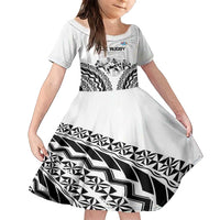 Fiji Tapa Rugby Family Matching Off Shoulder Maxi Dress and Hawaiian Shirt Cibi Dance With Fijian Pattern LT14 Daughter's Dress White - Polynesian Pride
