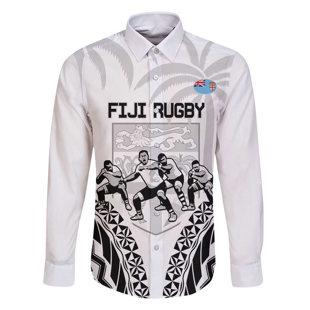 Fiji Tapa Rugby Family Matching Off Shoulder Maxi Dress and Hawaiian Shirt Cibi Dance With Fijian Pattern LT14 Dad's Shirt - Long Sleeve White - Polynesian Pride