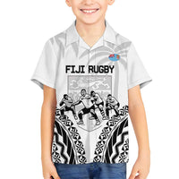 Fiji Tapa Rugby Family Matching Off Shoulder Maxi Dress and Hawaiian Shirt Cibi Dance With Fijian Pattern LT14 Son's Shirt White - Polynesian Pride