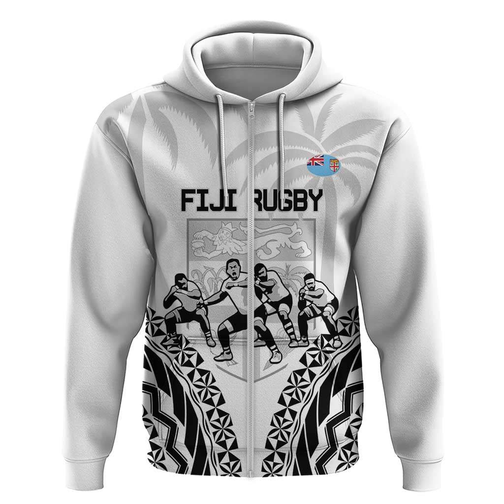 Fiji Tapa Rugby Hoodie Cibi Dance With Fijian Pattern LT14 Zip Hoodie White - Polynesian Pride