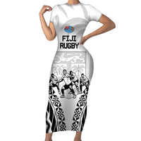 Fiji Tapa Rugby Short Sleeve Bodycon Dress Cibi Dance With Fijian Pattern LT14 Long Dress White - Polynesian Pride