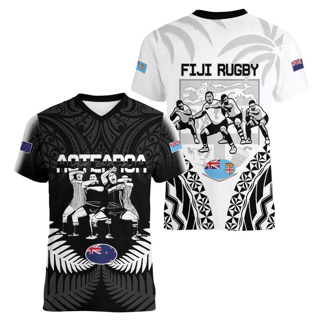 New Zealand And Fiji Tapa Rugby Women V-Neck T-Shirt Haka Dance Mix Cibi Dance Together
