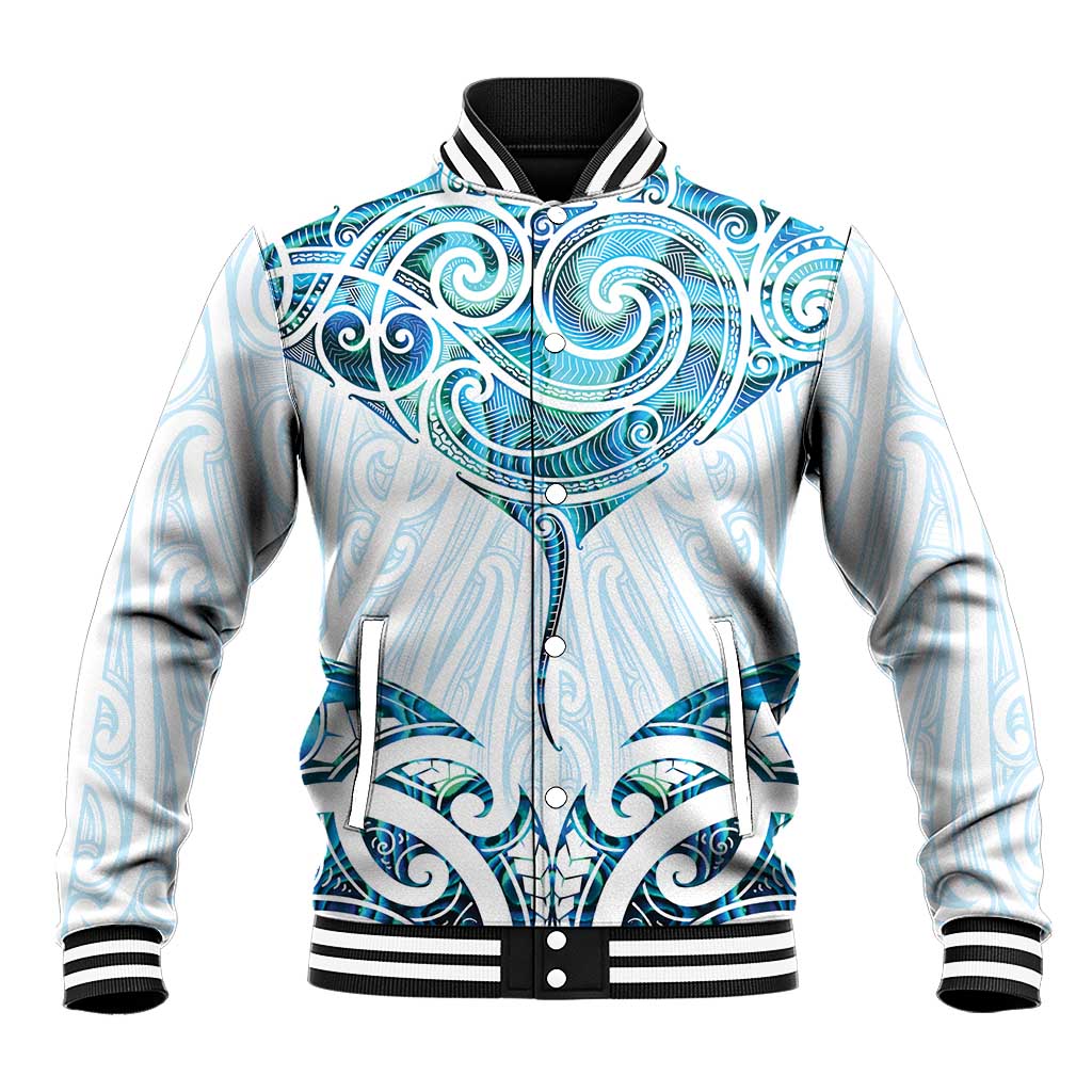 New Zealand Manta Ray Tattoo Baseball Jacket Aotearoa Maori Haehae Paua Shell - Polynesian Pride