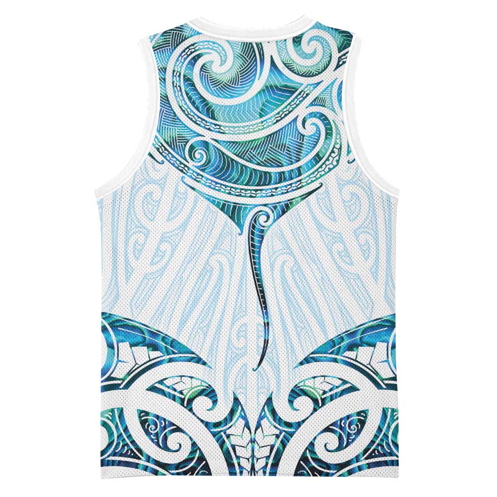 New Zealand Manta Ray Tattoo Basketball Jersey Aotearoa Maori Haehae Paua Shell - Polynesian Pride