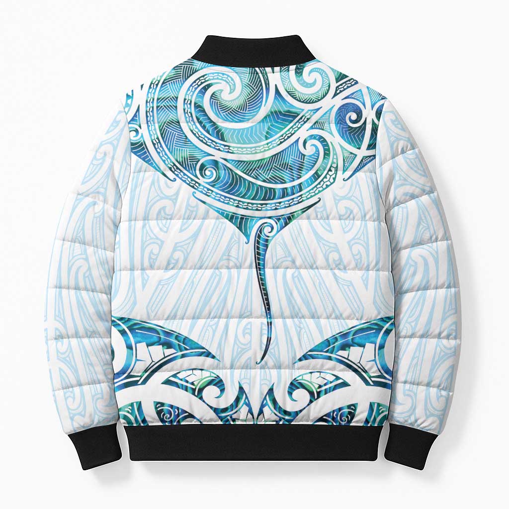 New Zealand Manta Ray Tattoo Bomber Puffer Jacket Aotearoa Maori Haehae Paua Shell - Polynesian Pride