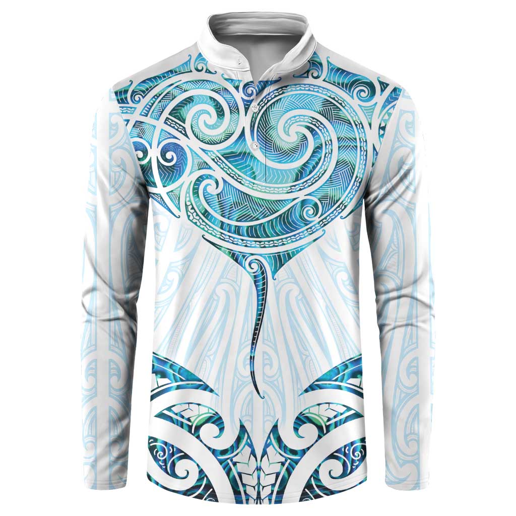 New Zealand Manta Ray Tattoo Button Sweatshirt Aotearoa Maori Haehae Paua Shell - Polynesian Pride