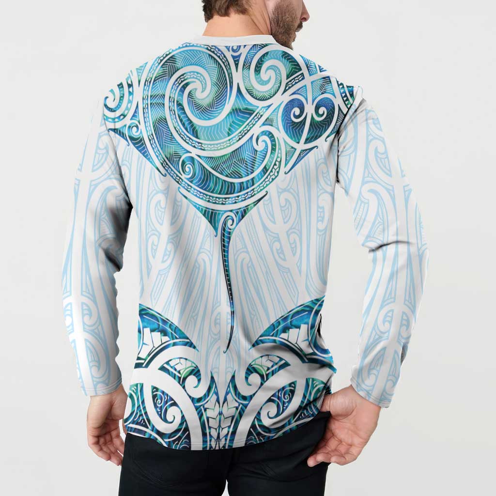 New Zealand Manta Ray Tattoo Button Sweatshirt Aotearoa Maori Haehae Paua Shell - Polynesian Pride