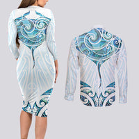 New Zealand Manta Ray Tattoo Couples Matching Long Sleeve Bodycon Dress and Long Sleeve Button Shirt Aotearoa Maori Haehae Paua Shell - Polynesian Pride