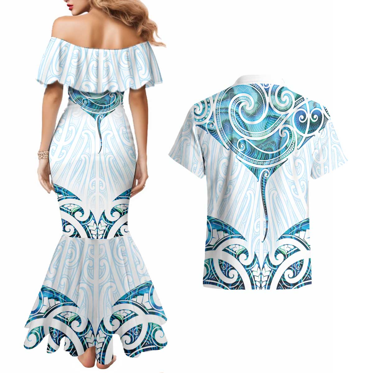 New Zealand Manta Ray Tattoo Couples Matching Mermaid Dress and Hawaiian Shirt Aotearoa Maori Haehae Paua Shell - Polynesian Pride