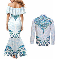 New Zealand Manta Ray Tattoo Couples Matching Mermaid Dress and Long Sleeve Button Shirt Aotearoa Maori Haehae Paua Shell - Polynesian Pride