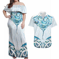 New Zealand Manta Ray Tattoo Couples Matching Off Shoulder Maxi Dress and Hawaiian Shirt Aotearoa Maori Haehae Paua Shell - Polynesian Pride