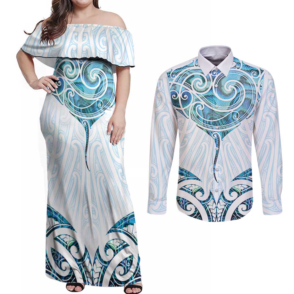 New Zealand Manta Ray Tattoo Couples Matching Off Shoulder Maxi Dress and Long Sleeve Button Shirt Aotearoa Maori Haehae Paua Shell - Polynesian Pride