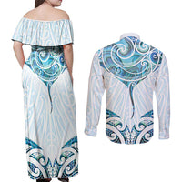 New Zealand Manta Ray Tattoo Couples Matching Off Shoulder Maxi Dress and Long Sleeve Button Shirt Aotearoa Maori Haehae Paua Shell - Polynesian Pride
