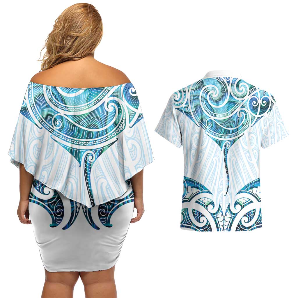 New Zealand Manta Ray Tattoo Couples Matching Off Shoulder Short Dress and Hawaiian Shirt Aotearoa Maori Haehae Paua Shell - Polynesian Pride