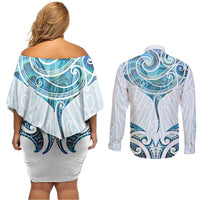 New Zealand Manta Ray Tattoo Couples Matching Off Shoulder Short Dress and Long Sleeve Button Shirt Aotearoa Maori Haehae Paua Shell - Polynesian Pride