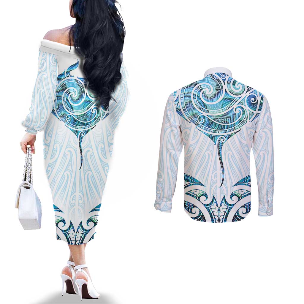 New Zealand Manta Ray Tattoo Couples Matching Off The Shoulder Long Sleeve Dress and Long Sleeve Button Shirt Aotearoa Maori Haehae Paua Shell - Polynesian Pride