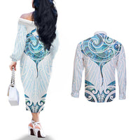 New Zealand Manta Ray Tattoo Couples Matching Off The Shoulder Long Sleeve Dress and Long Sleeve Button Shirt Aotearoa Maori Haehae Paua Shell - Polynesian Pride