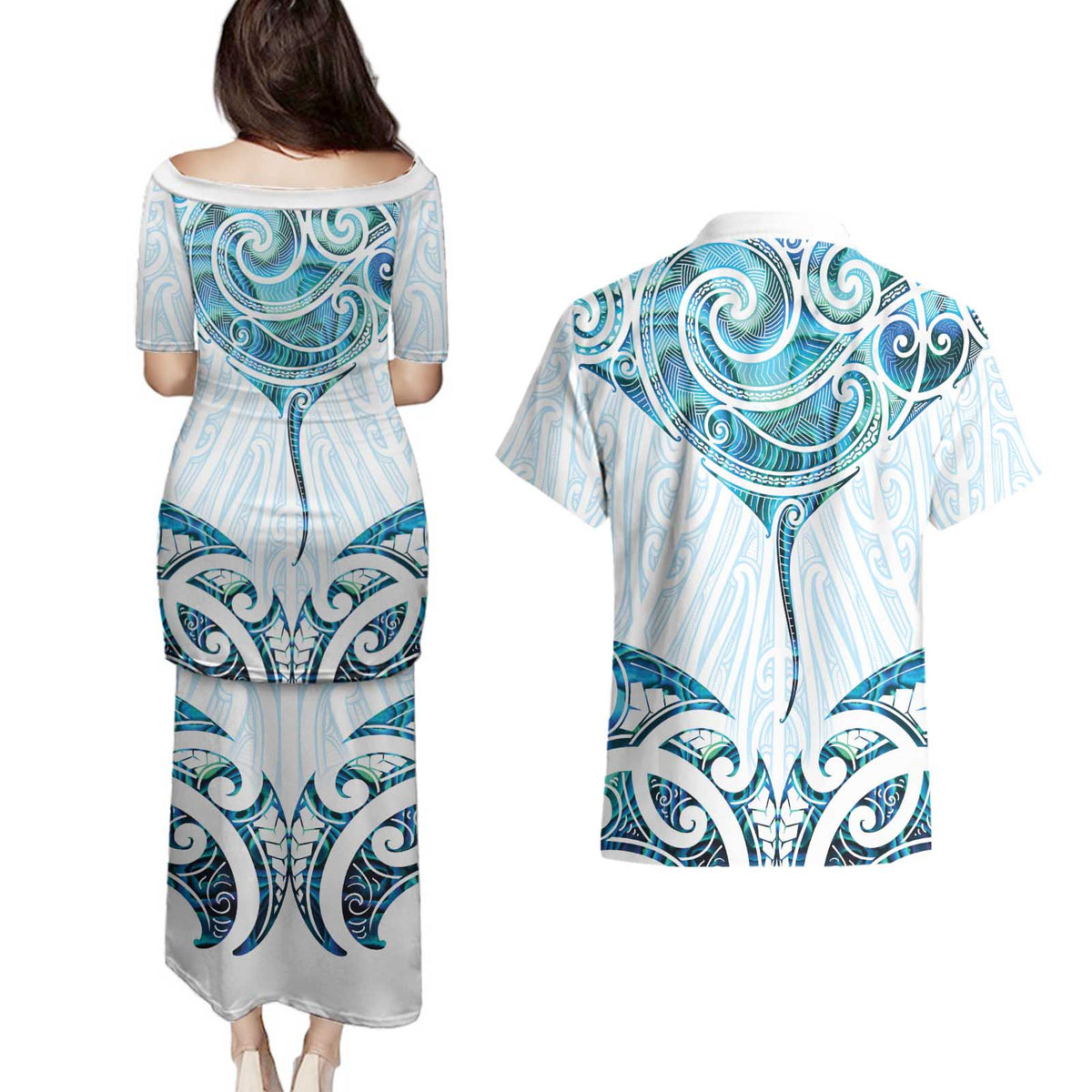 New Zealand Manta Ray Tattoo Couples Matching Puletasi and Hawaiian Shirt Aotearoa Maori Haehae Paua Shell - Polynesian Pride