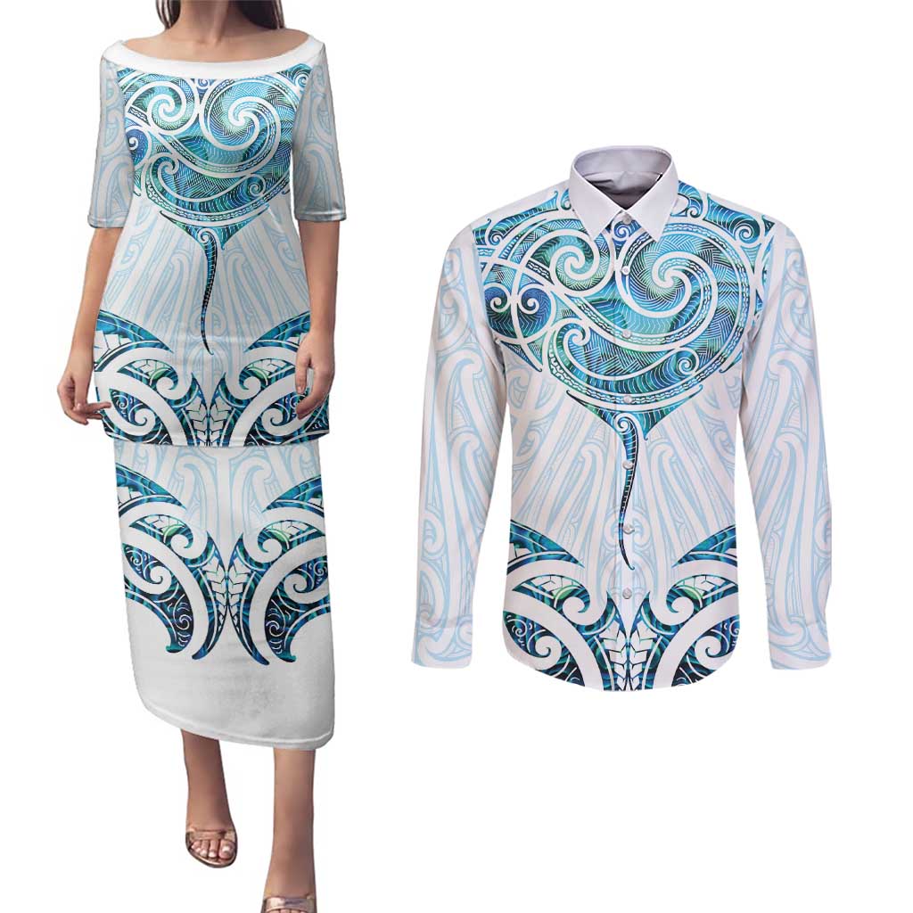 New Zealand Manta Ray Tattoo Couples Matching Puletasi and Long Sleeve Button Shirt Aotearoa Maori Haehae Paua Shell - Polynesian Pride