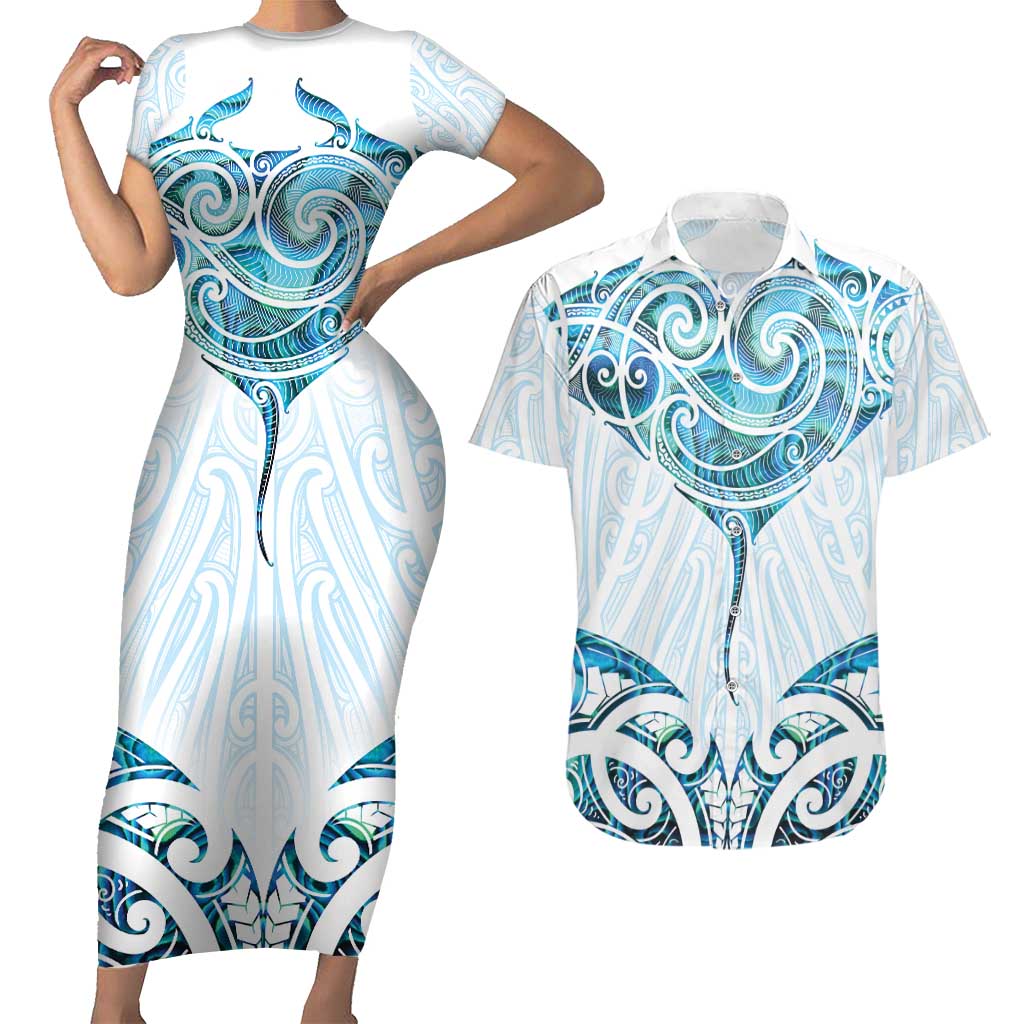 New Zealand Manta Ray Tattoo Couples Matching Short Sleeve Bodycon Dress and Hawaiian Shirt Aotearoa Maori Haehae Paua Shell - Polynesian Pride