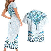 New Zealand Manta Ray Tattoo Couples Matching Short Sleeve Bodycon Dress and Hawaiian Shirt Aotearoa Maori Haehae Paua Shell - Polynesian Pride