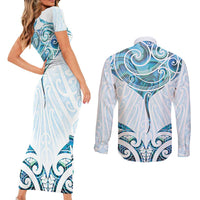 New Zealand Manta Ray Tattoo Couples Matching Short Sleeve Bodycon Dress and Long Sleeve Button Shirt Aotearoa Maori Haehae Paua Shell - Polynesian Pride