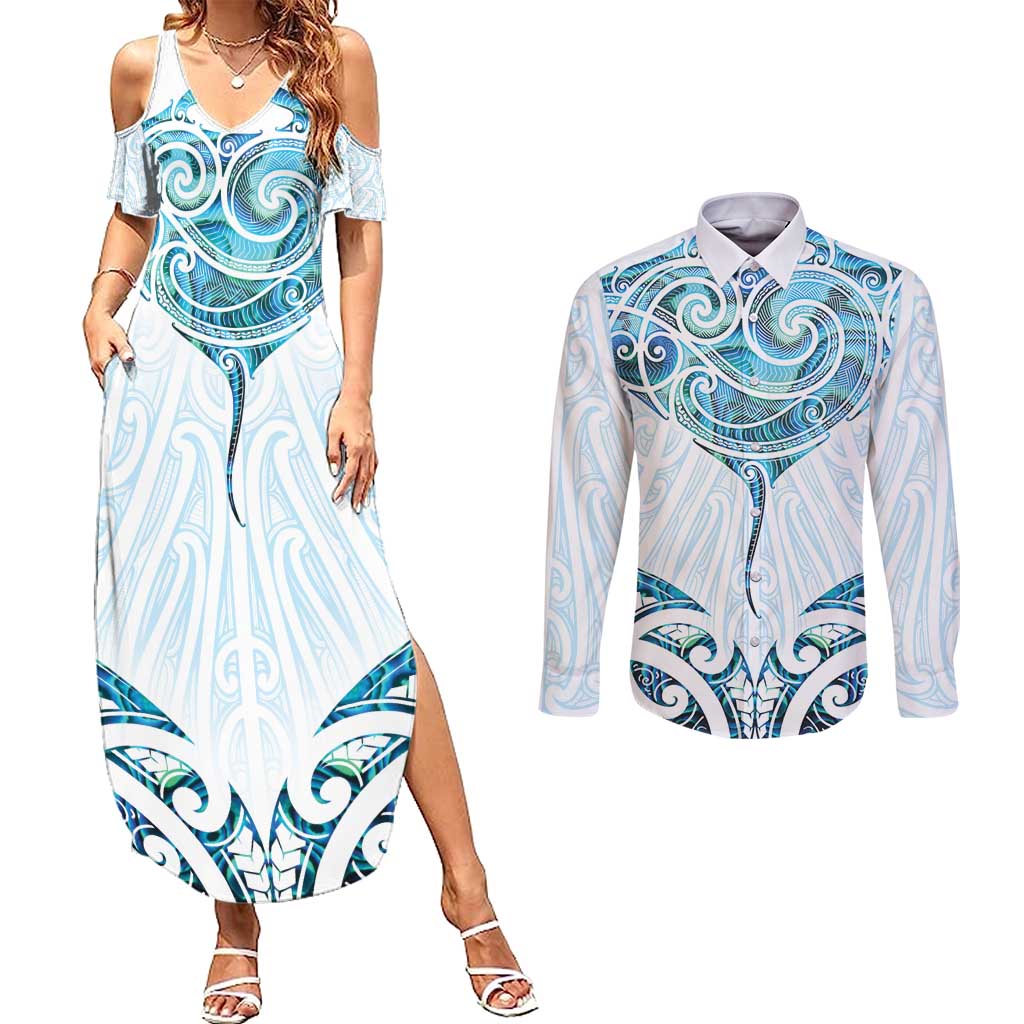 New Zealand Manta Ray Tattoo Couples Matching Summer Maxi Dress and Long Sleeve Button Shirt Aotearoa Maori Haehae Paua Shell - Polynesian Pride