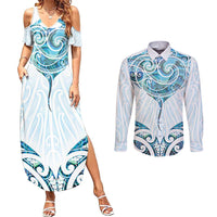 New Zealand Manta Ray Tattoo Couples Matching Summer Maxi Dress and Long Sleeve Button Shirt Aotearoa Maori Haehae Paua Shell - Polynesian Pride