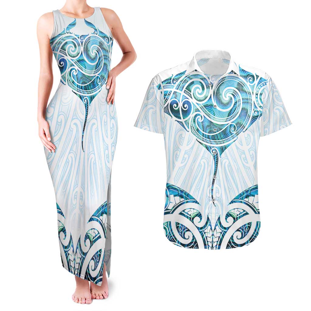 New Zealand Manta Ray Tattoo Couples Matching Tank Maxi Dress and Hawaiian Shirt Aotearoa Maori Haehae Paua Shell - Polynesian Pride