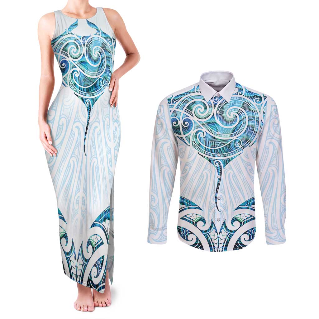 New Zealand Manta Ray Tattoo Couples Matching Tank Maxi Dress and Long Sleeve Button Shirt Aotearoa Maori Haehae Paua Shell - Polynesian Pride