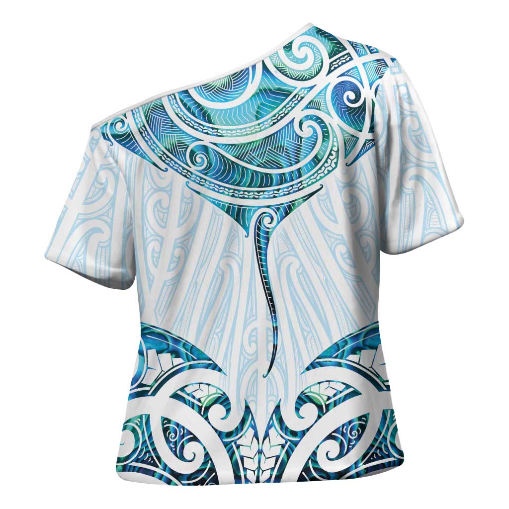 New Zealand Manta Ray Tattoo Cross Shoulder Shirt Aotearoa Maori Haehae Paua Shell - Polynesian Pride