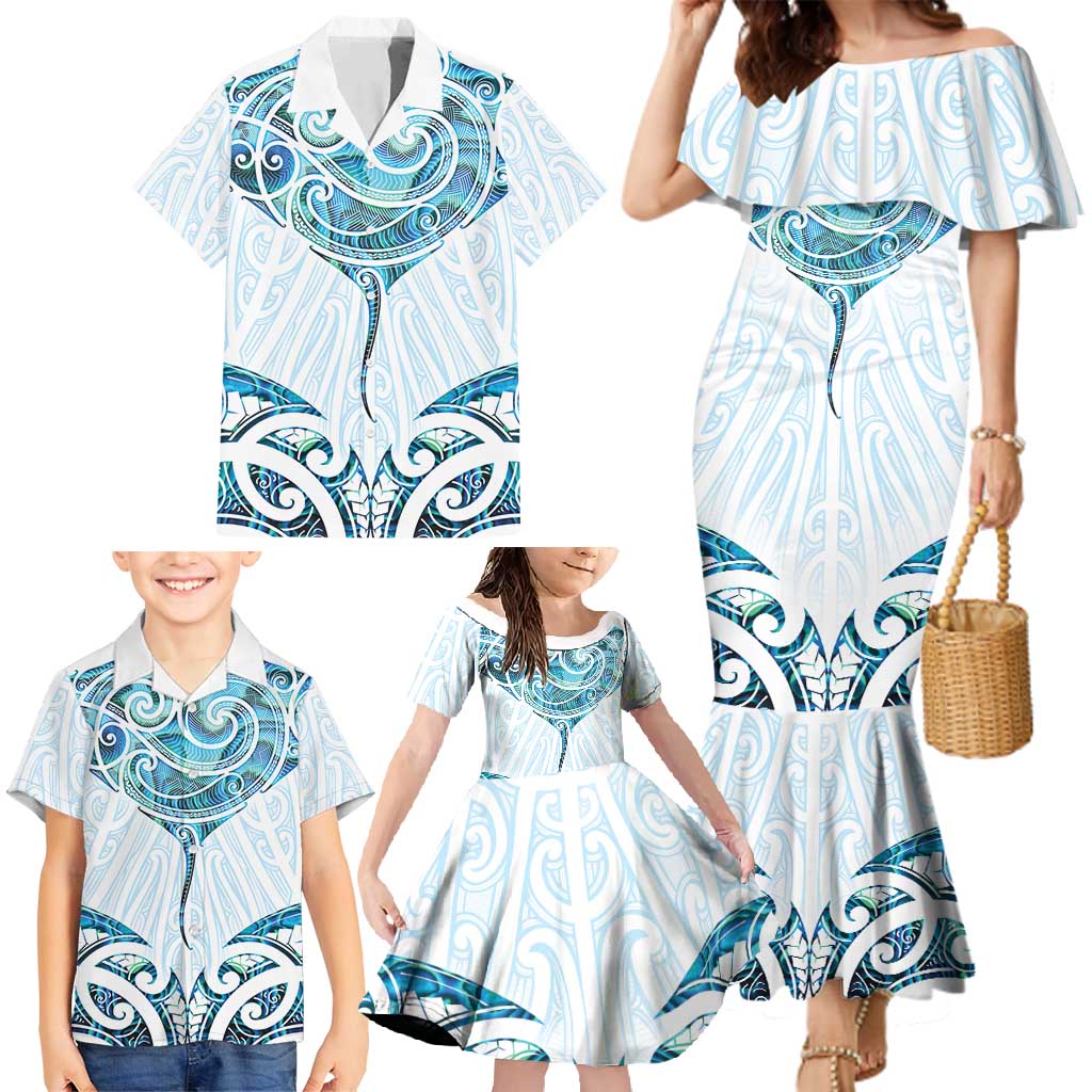 New Zealand Manta Ray Tattoo Family Matching Mermaid Dress and Hawaiian Shirt Aotearoa Maori Haehae Paua Shell - Polynesian Pride