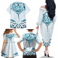New Zealand Manta Ray Tattoo Family Matching Off The Shoulder Long Sleeve Dress and Hawaiian Shirt Aotearoa Maori Haehae Paua Shell - Polynesian Pride