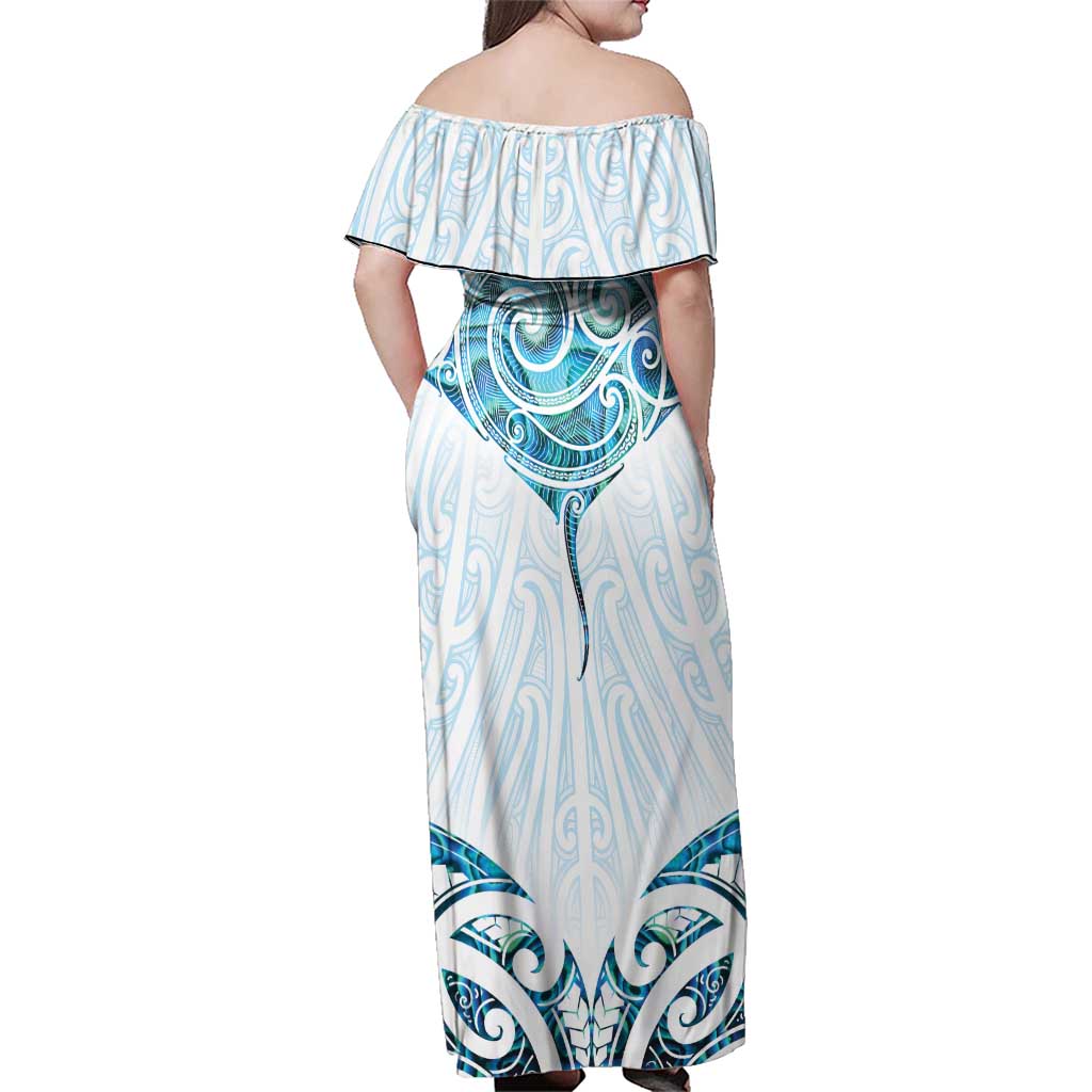 New Zealand Manta Ray Tattoo Family Matching Off Shoulder Maxi Dress and Hawaiian Shirt Aotearoa Maori Haehae Paua Shell - Polynesian Pride