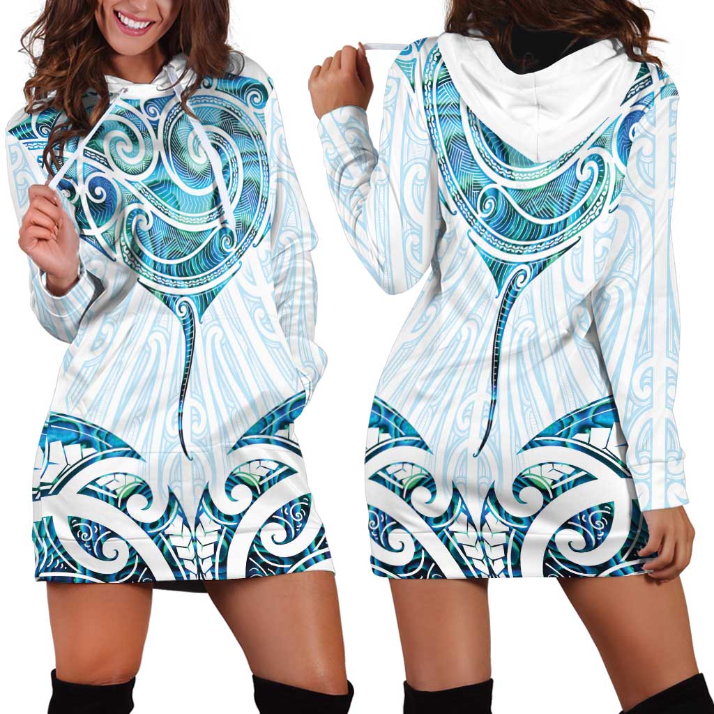 New Zealand Manta Ray Tattoo Hoodie Dress Aotearoa Maori Haehae Paua Shell - Polynesian Pride