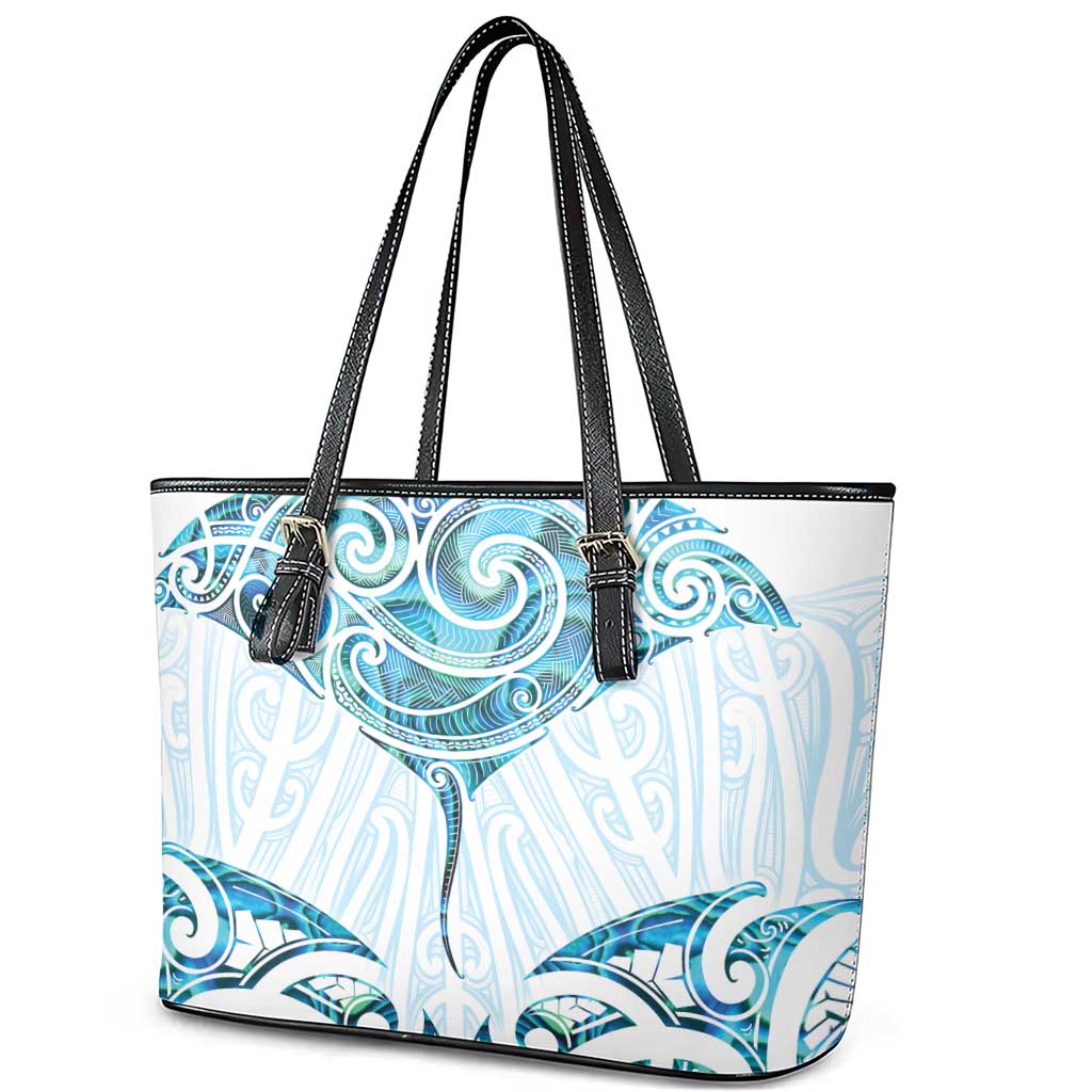 New Zealand Manta Ray Tattoo Leather Tote Bag Aotearoa Maori Haehae Paua Shell - Polynesian Pride