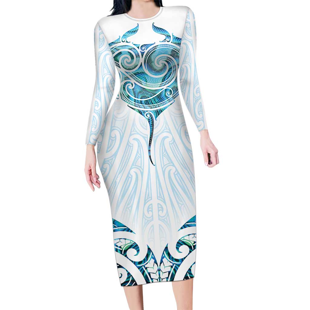 New Zealand Manta Ray Tattoo Long Sleeve Bodycon Dress Aotearoa Maori Haehae Paua Shell - Polynesian Pride