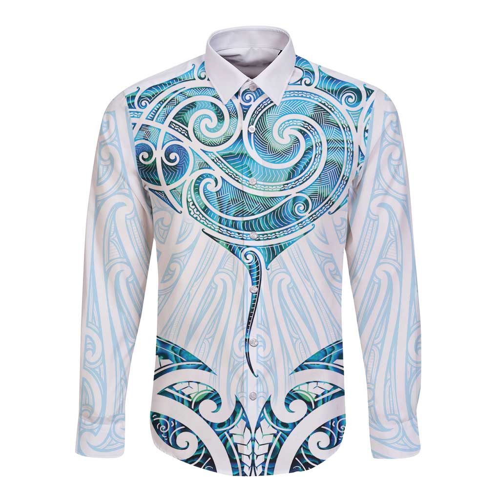 New Zealand Manta Ray Tattoo Long Sleeve Button Shirt Aotearoa Maori Haehae Paua Shell - Polynesian Pride