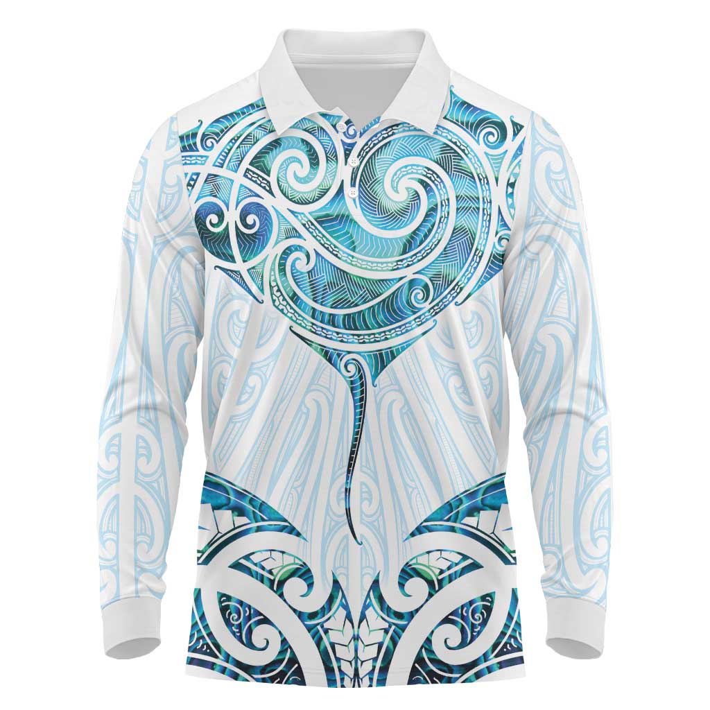 New Zealand Manta Ray Tattoo Long Sleeve Polo Shirt Aotearoa Maori Haehae Paua Shell - Polynesian Pride